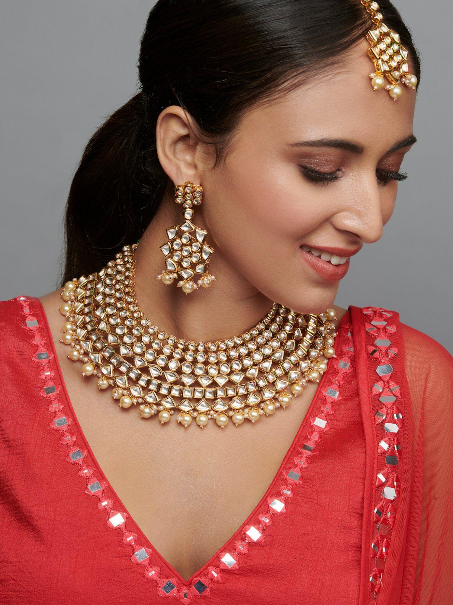 the traditional bride kundan and gold pearls necklace (set of 3)