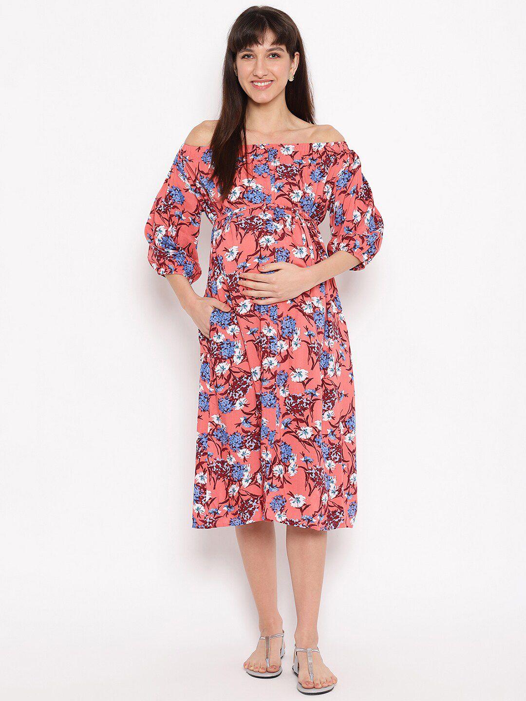 the vanca pink & blue floral printed off-shoulder maternity midi dress