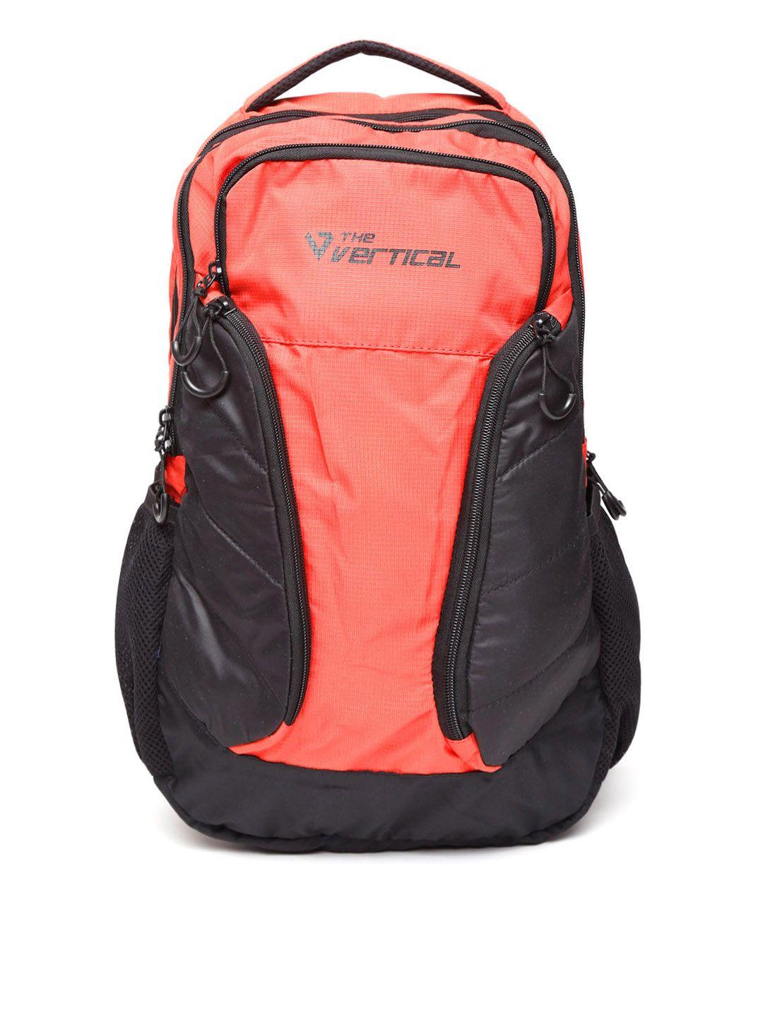 the vertical unisex coral orange & black water-resistant colourblocked laptop backpack