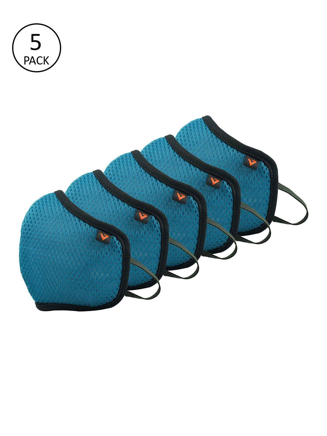 the vertical unisex pack of 5 teal blue reusable 5-ply outdoor mask