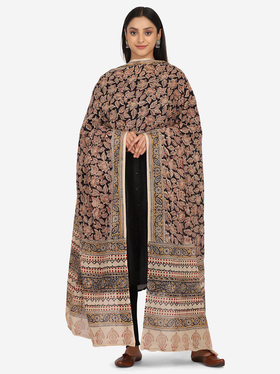 the weave traveller black & beige ethnic motifs printed pure cotton kalamkari dupatta
