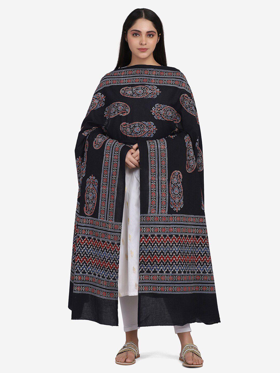 the weave traveller black & maroon ethnic motifs printed pure cotton block print dupatta