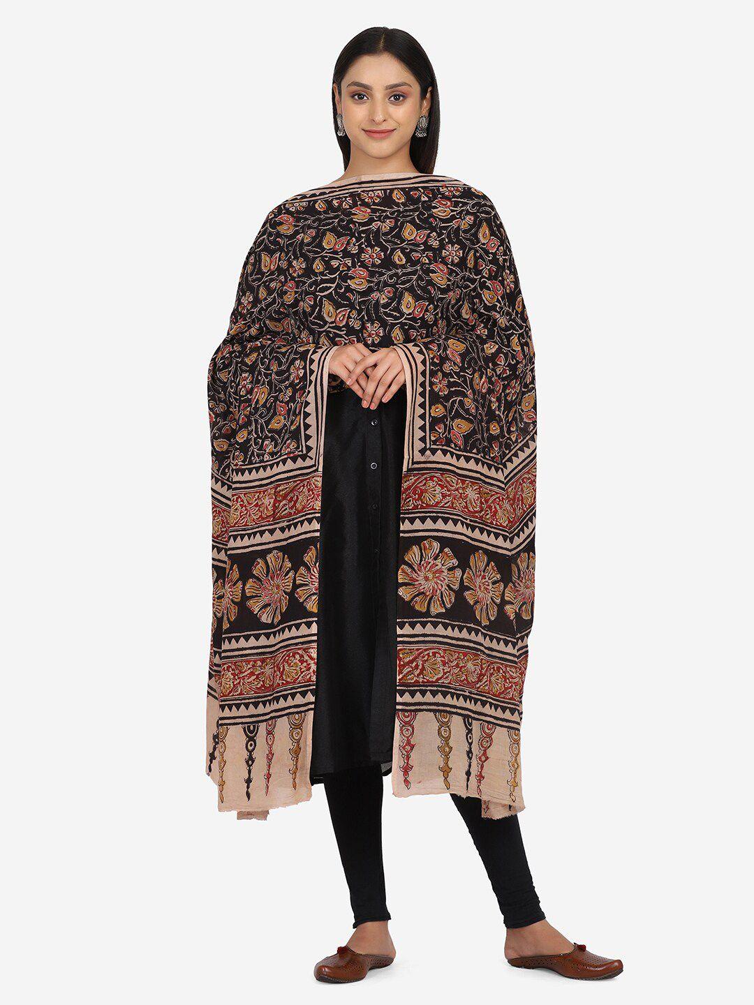 the weave traveller black & maroon ethnic motifs printed pure cotton kalamkari dupatta