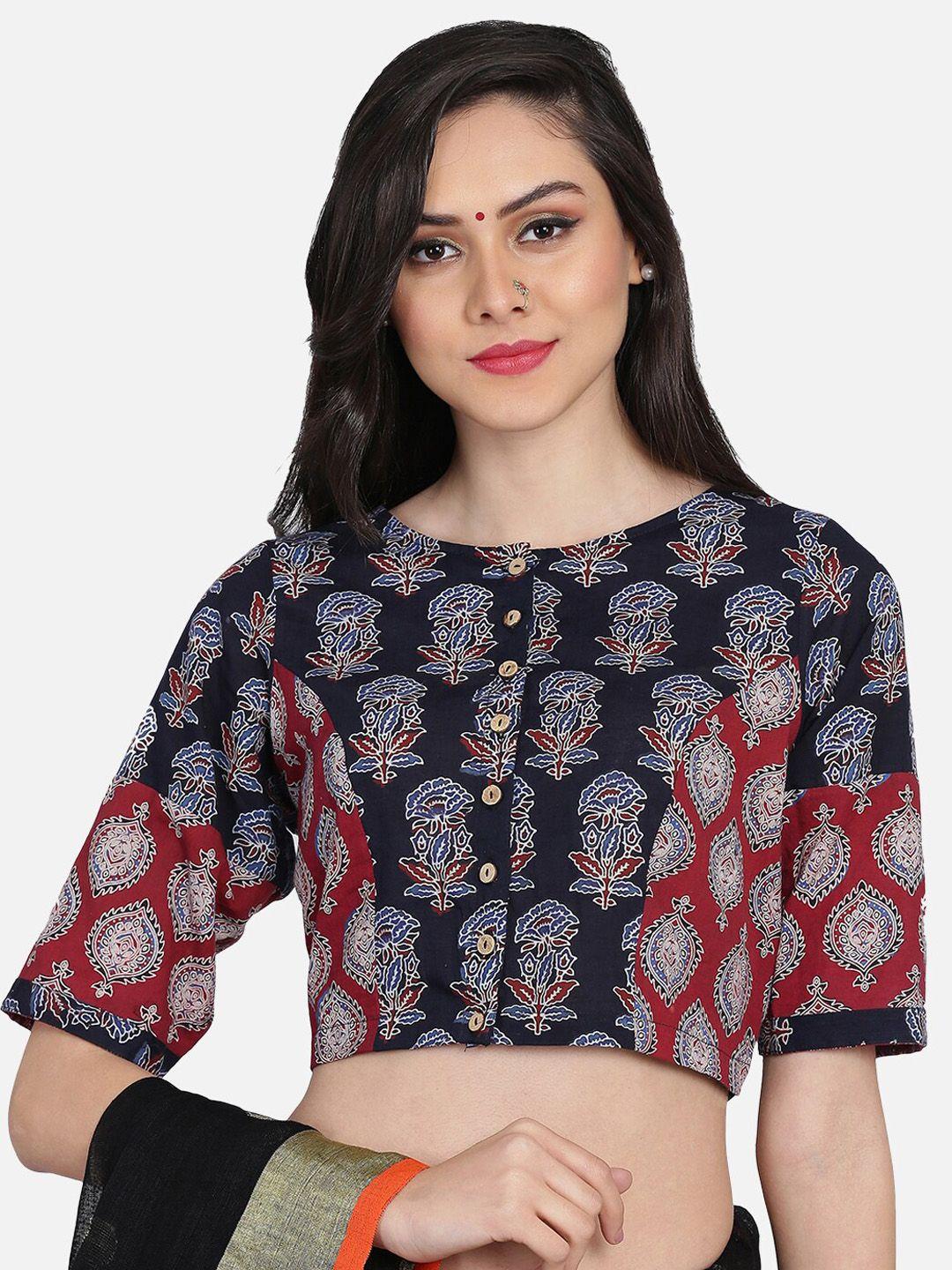 the weave traveller black & red printed non padded ready-made saree blouse