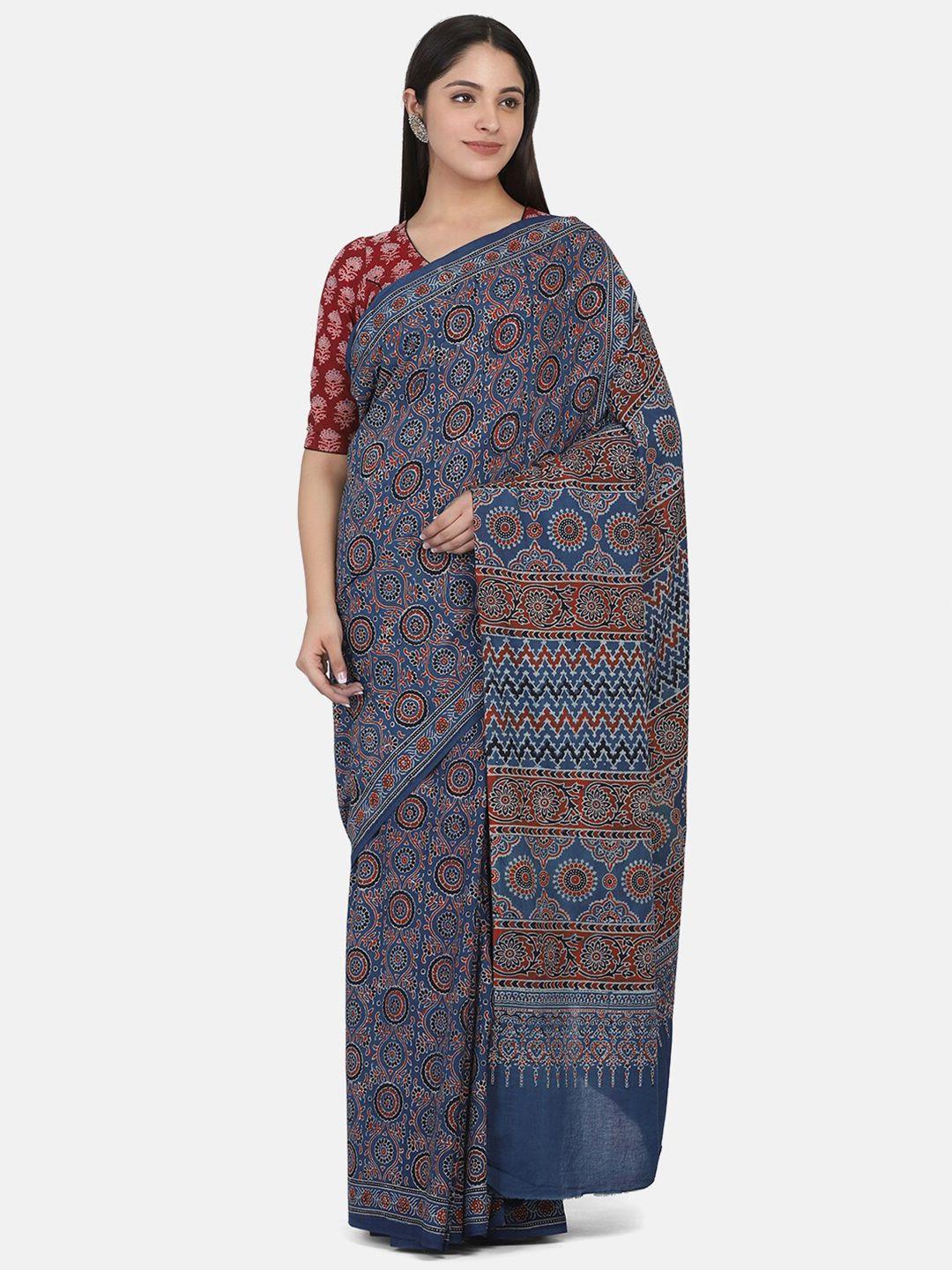 the weave traveller blue & black pure cotton block print saree