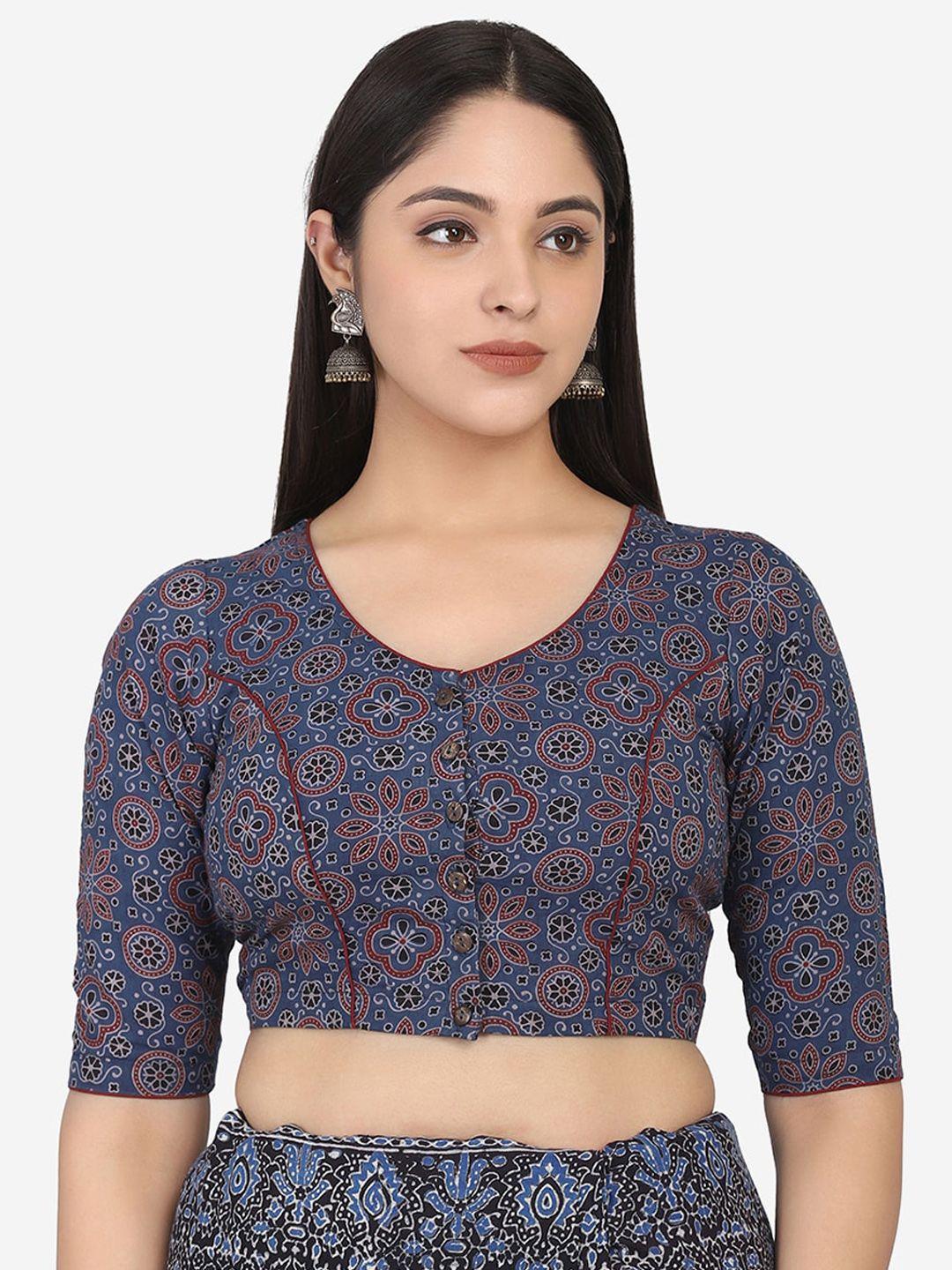 the weave traveller blue & red ajrakh block printed cotton ready to wear saree blouse