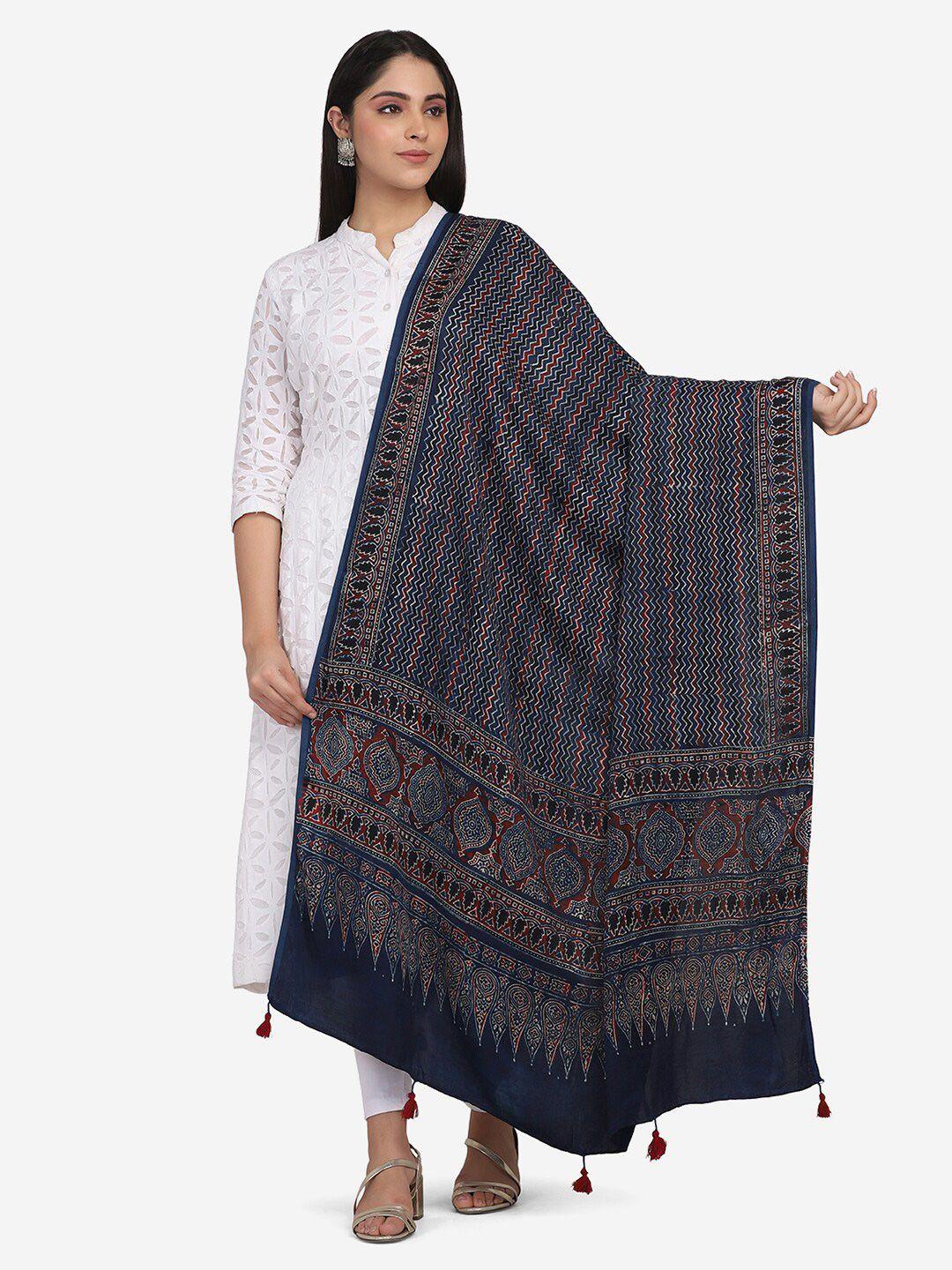 the weave traveller blue & red ethnic motifs printed viscose rayon block print dupatta