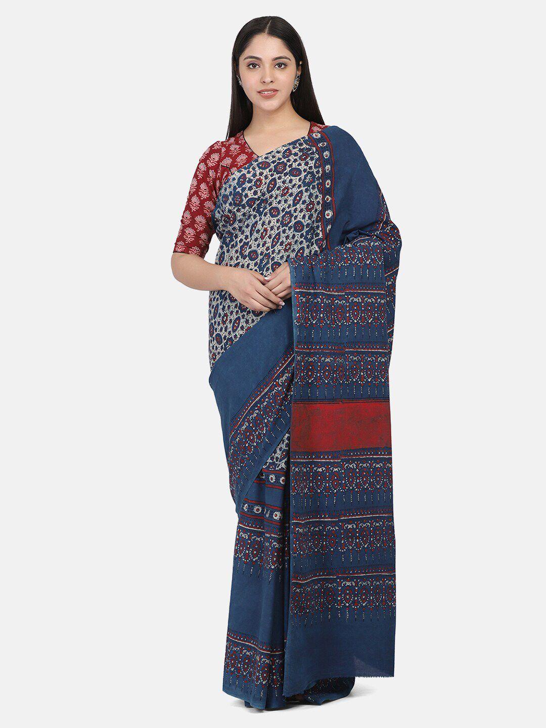 the weave traveller blue & red pure cotton block print saree