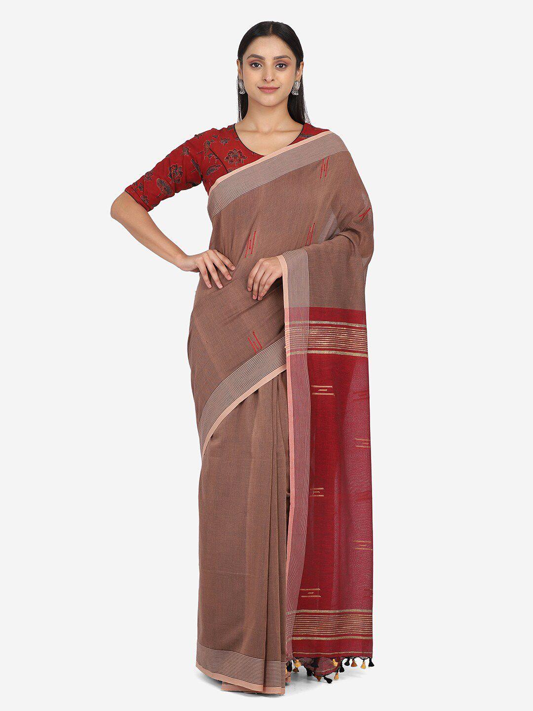 the weave traveller bronze-toned & red woven design pure cotton saree