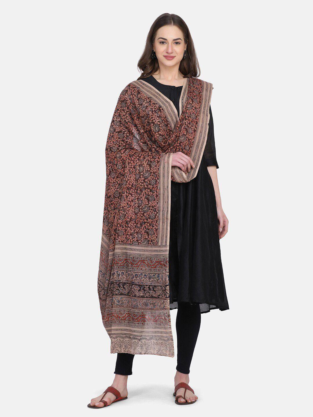 the weave traveller brown & black ethnic motifs printed pure cotton kalamkari dupatta
