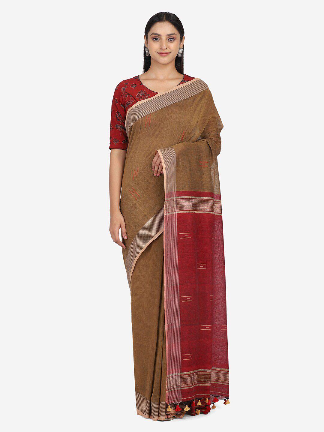 the weave traveller brown & red pure cotton saree