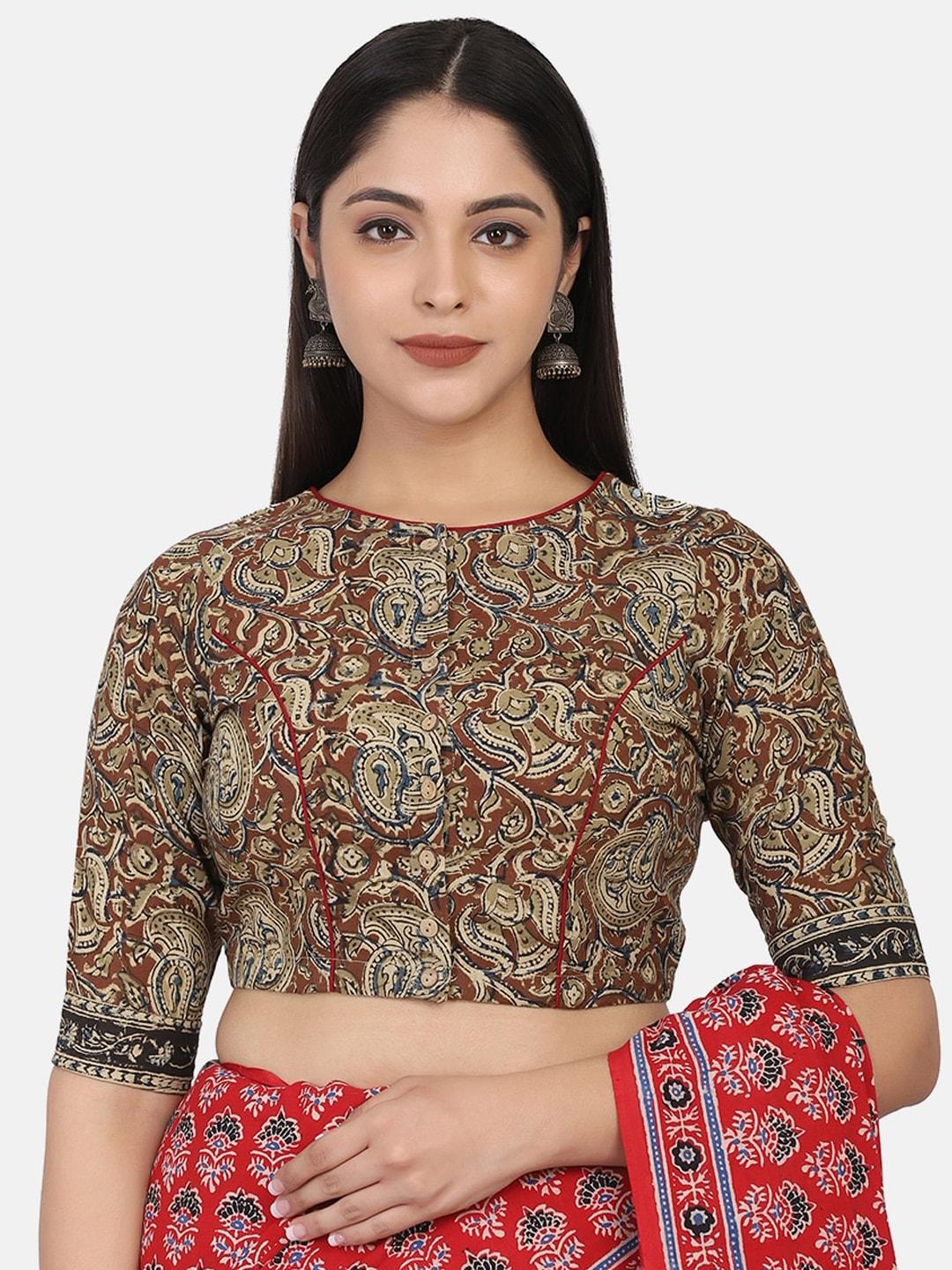the weave traveller brown hand printed kalamkari cotton saree blouse