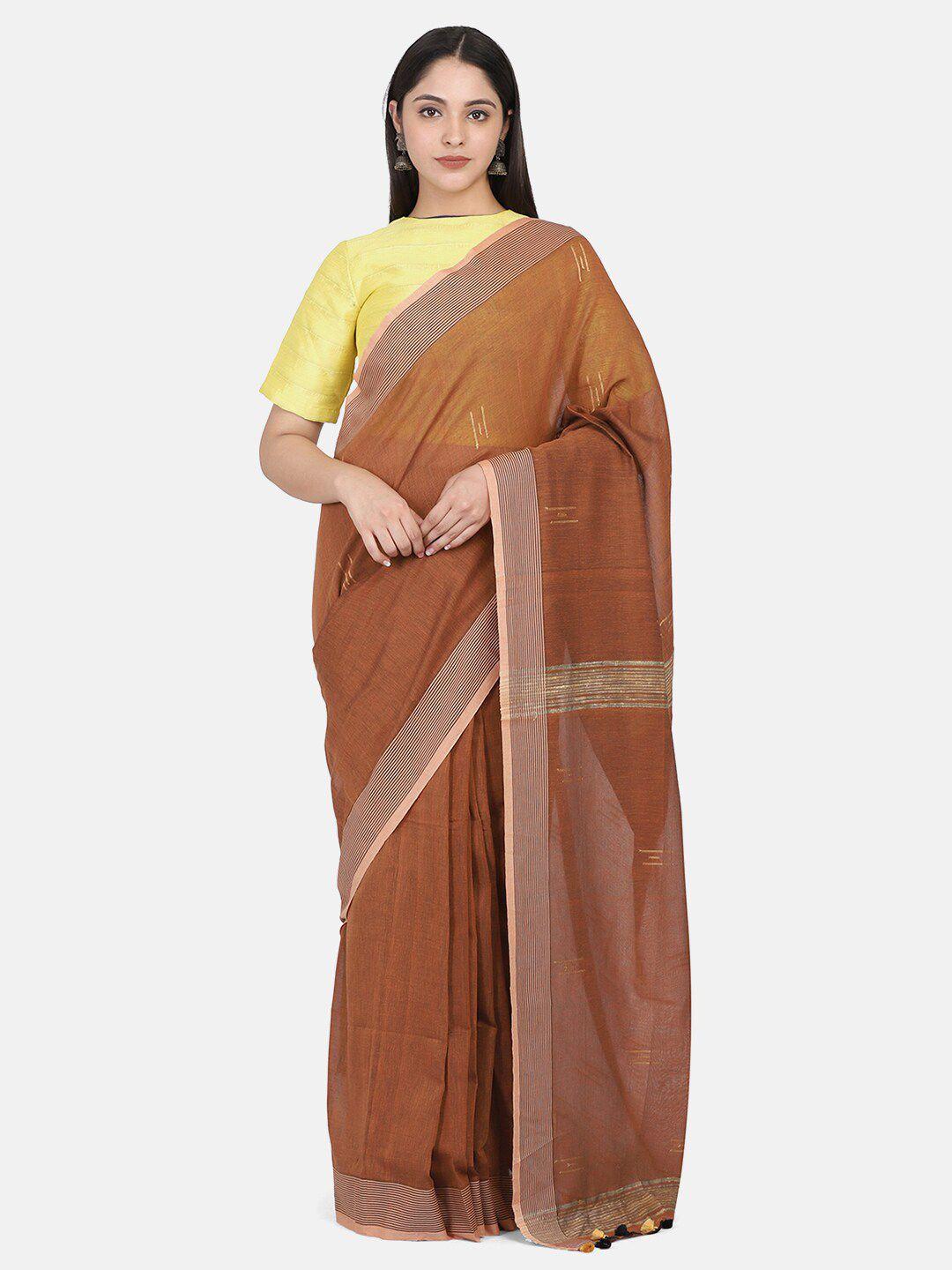 the weave traveller brown pure cotton saree