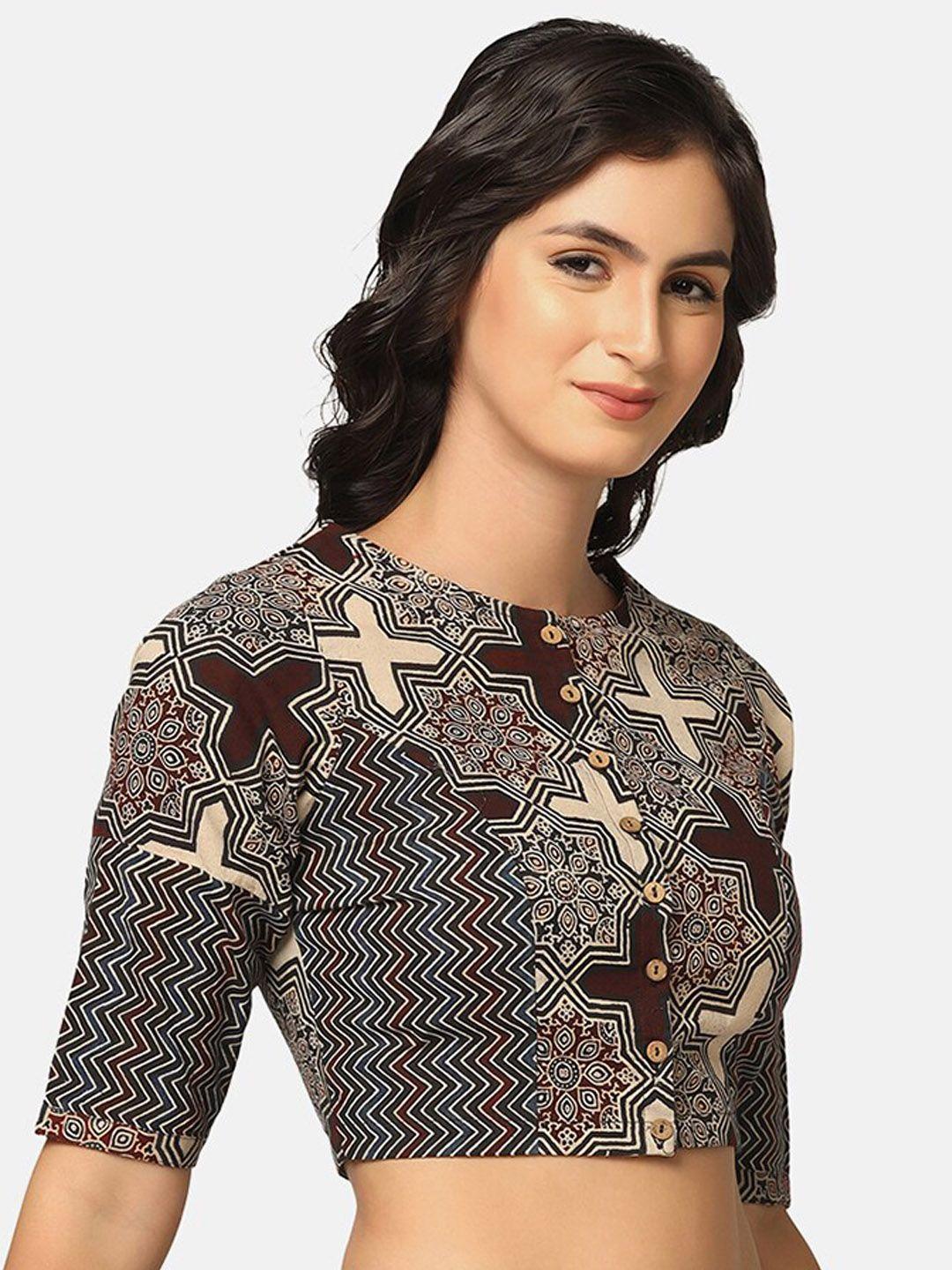 the weave traveller geometric handblock printed cotton saree blouse