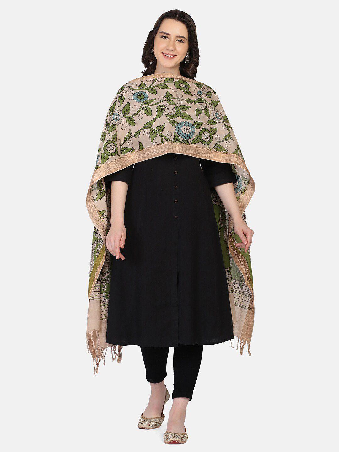 the weave traveller green & cream-coloured ethnic motifs printed pure cotton kalamkari dupatta with zari