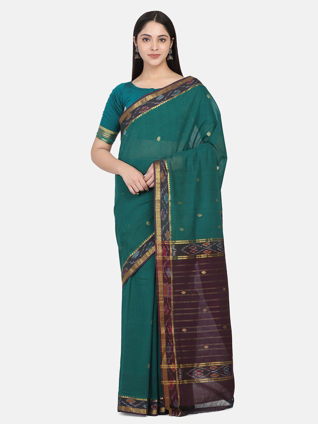 the weave traveller green & gold-toned woven design pure cotton mangalagiri saree