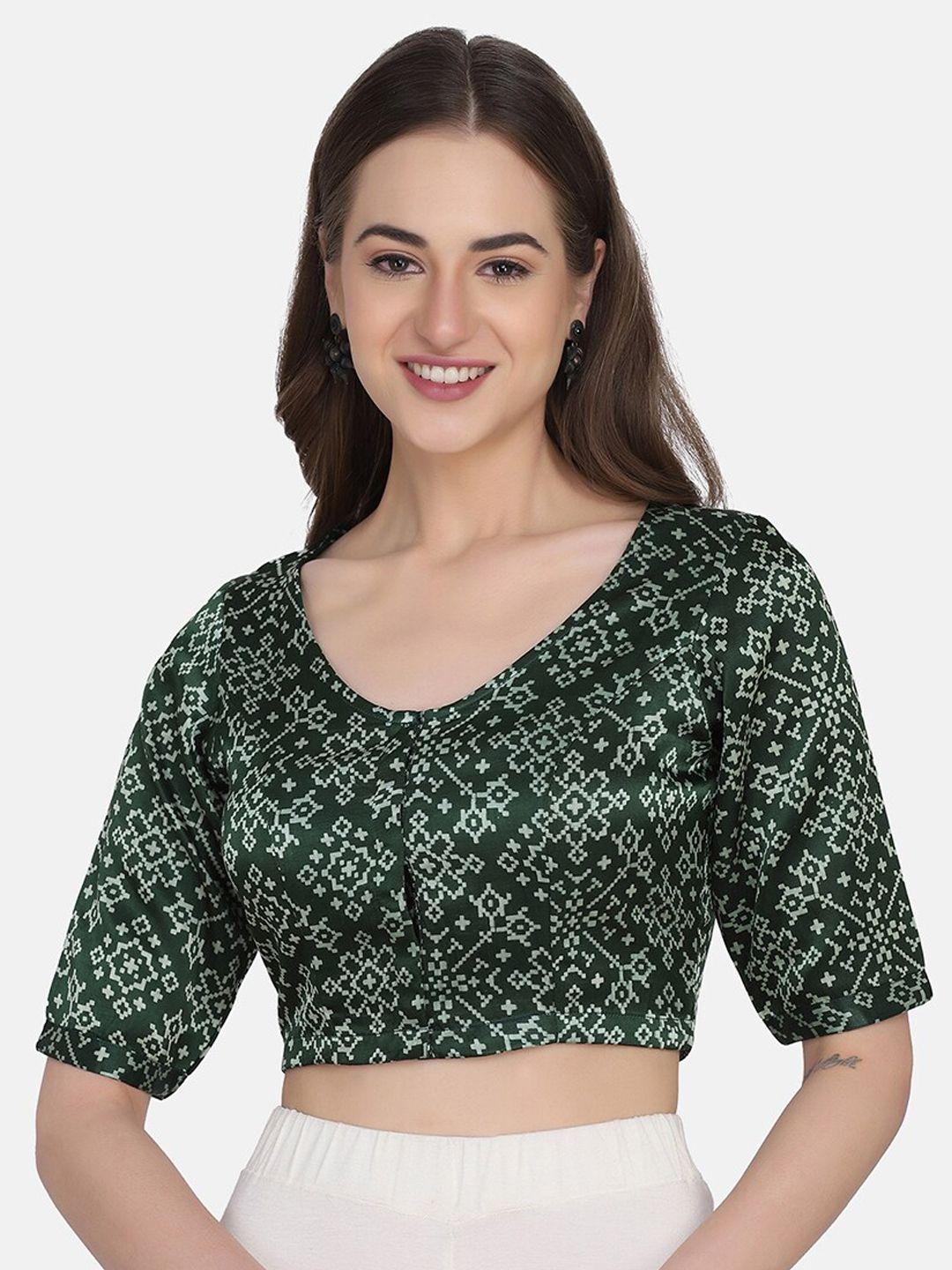 the weave traveller green & off-white ethnic motifs printed saree blouse