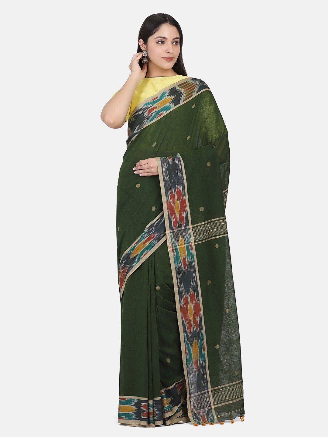 the weave traveller green & yellow ethnic motifs pure cotton jamdani saree