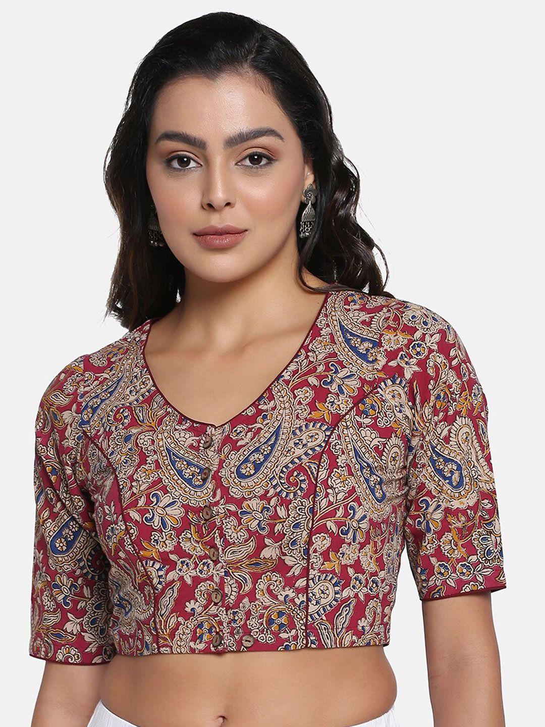 the weave traveller kalamkari printed v-neck cotton saree blouse