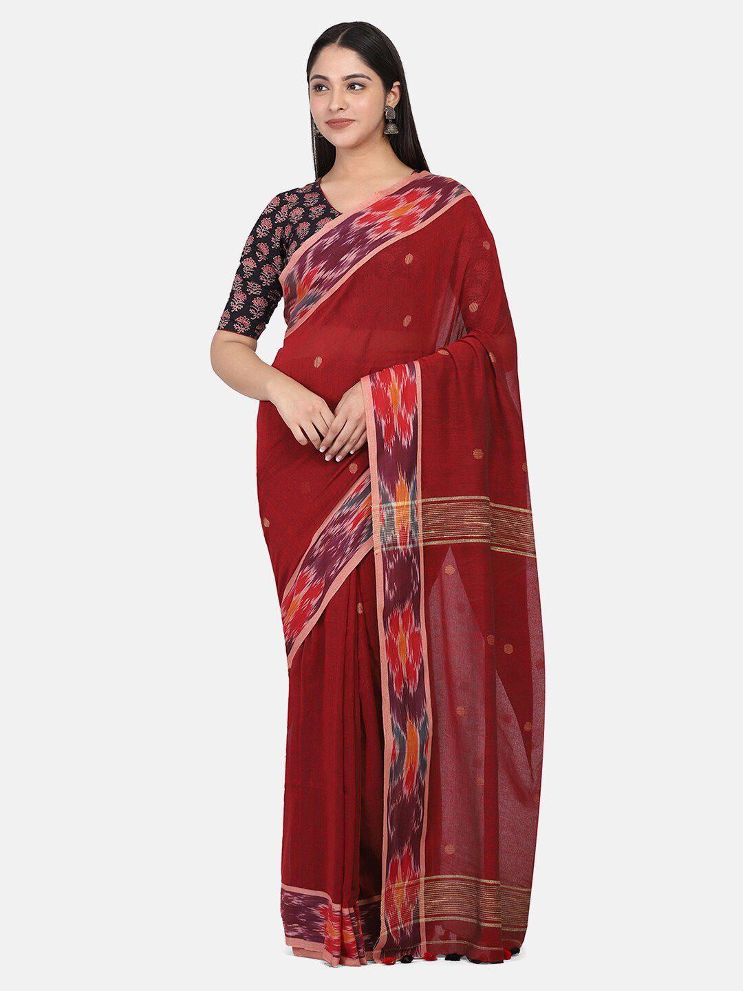 the weave traveller maroon & blue ethnic motifs pure cotton jamdani saree