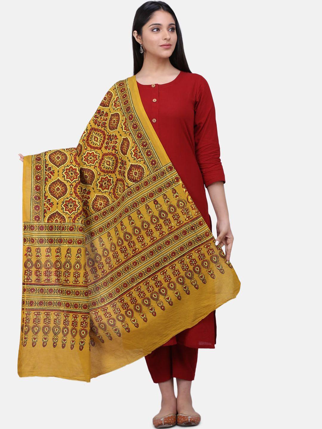 the weave traveller mustard & red printed sustainable dupatta