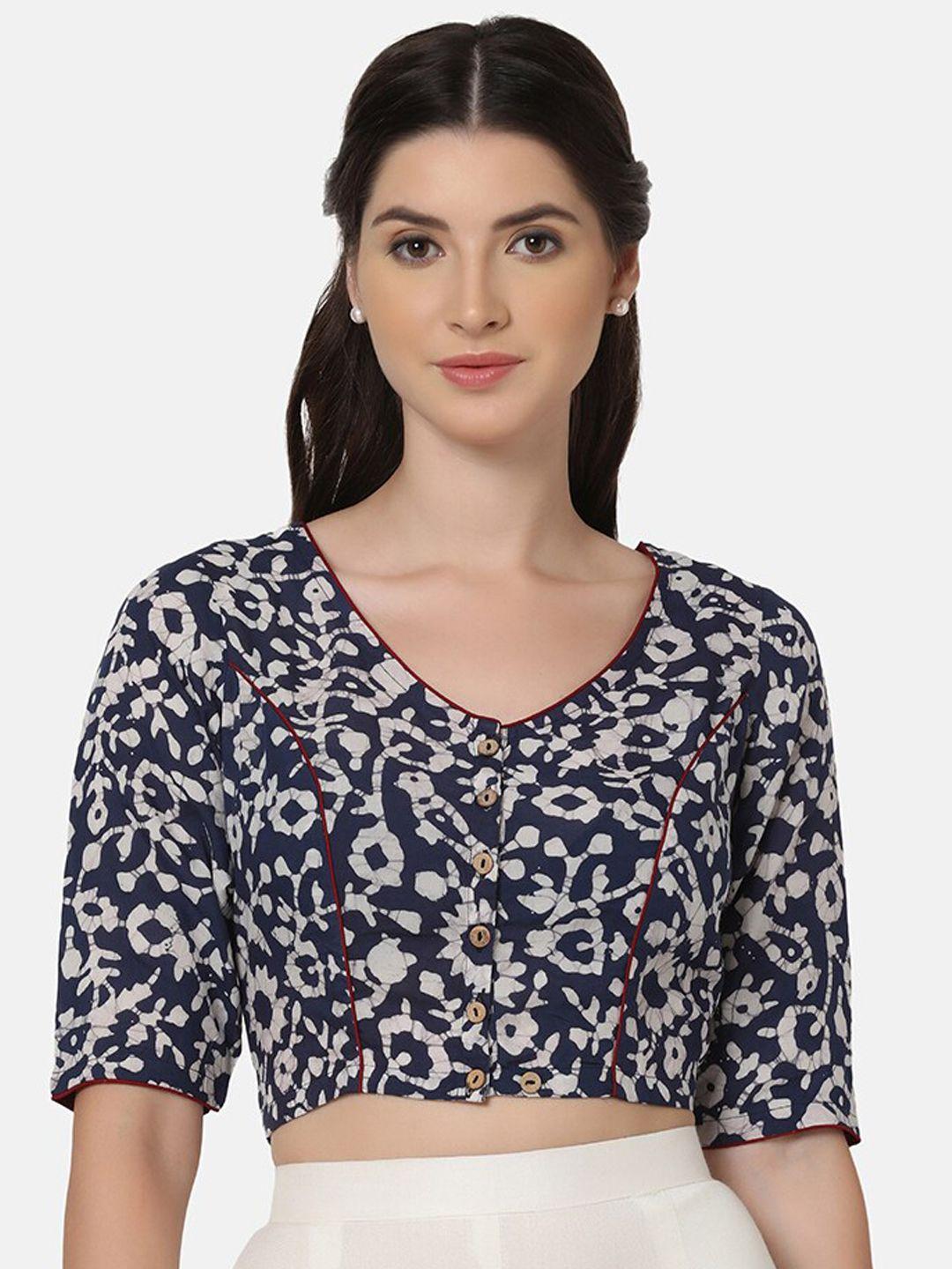 the weave traveller navy blue & beige printed cotton saree blouse
