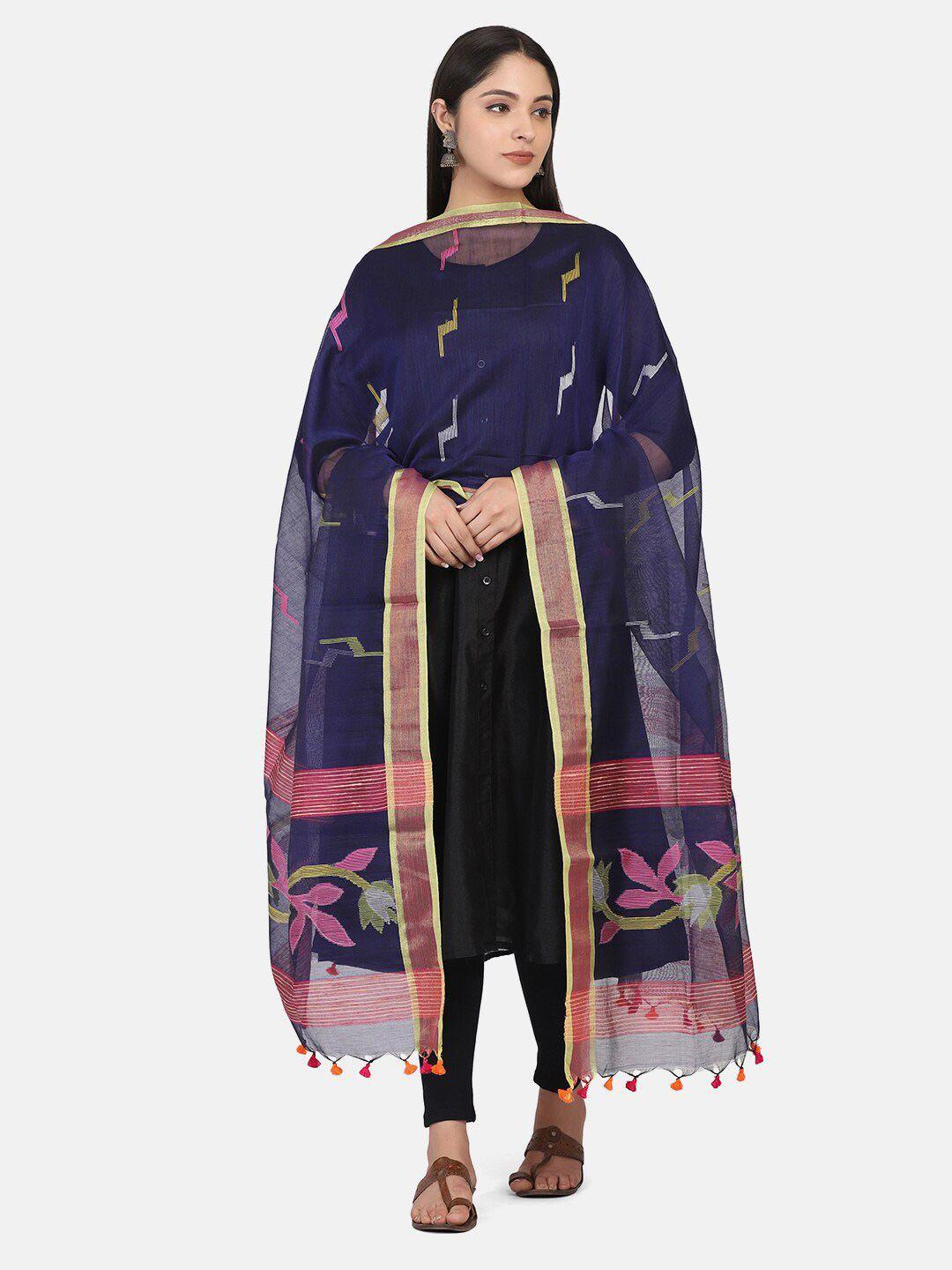 the weave traveller navy blue & magenta woven design jamdani dupatta with zari