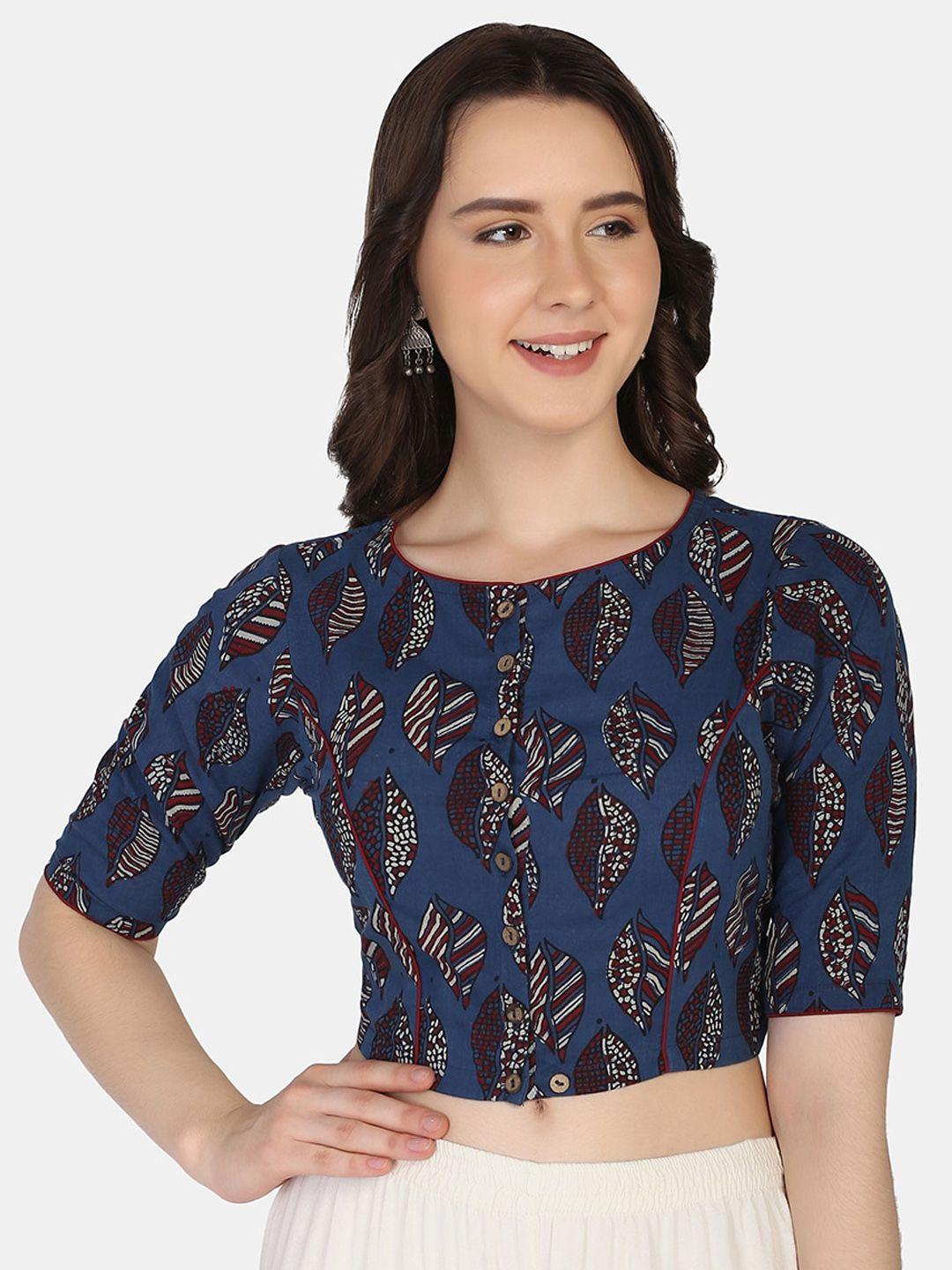 the weave traveller navy blue block print readymade cotton saree blouse