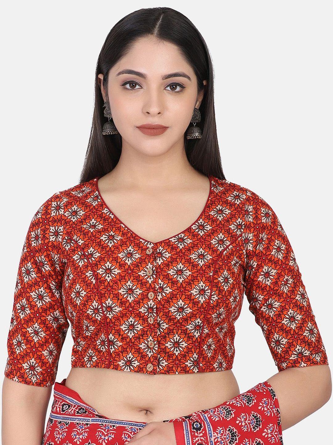 the weave traveller orange & white hand block printed cotton ready to wear saree blouse