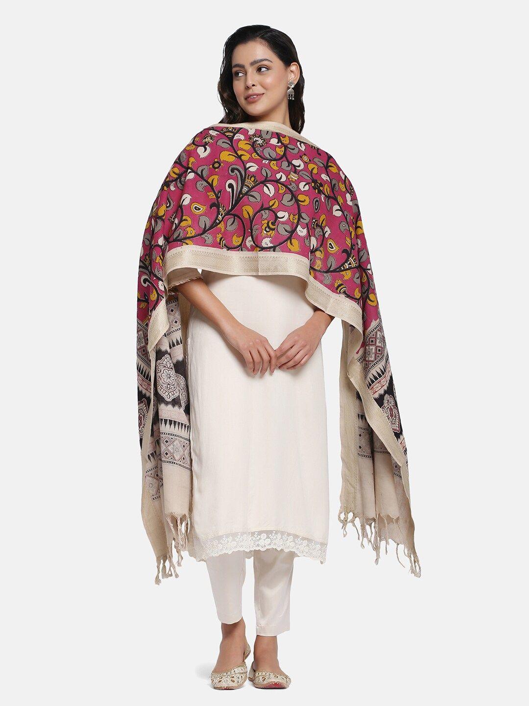 the weave traveller pink & beige ethnic motifs printed kalamkari dupatta