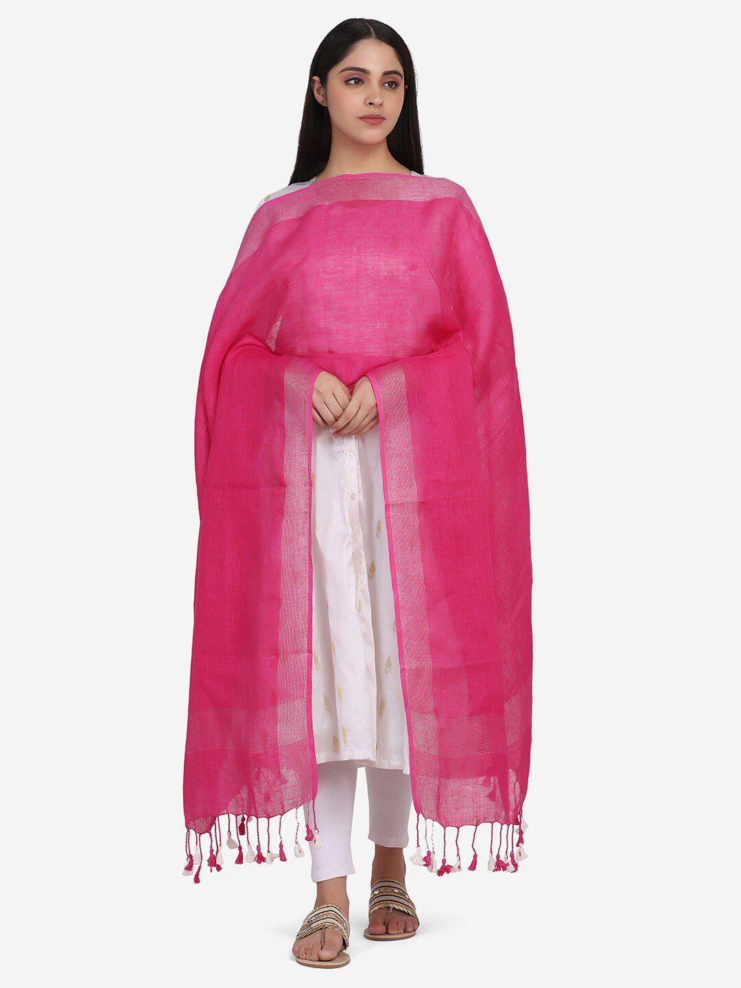 the weave traveller pink & silver-toned linen dupatta with zari