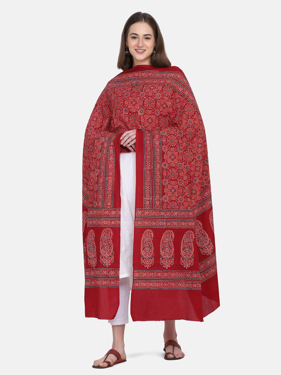 the weave traveller red & blue ethnic motifs printed pure cotton block print dupatta
