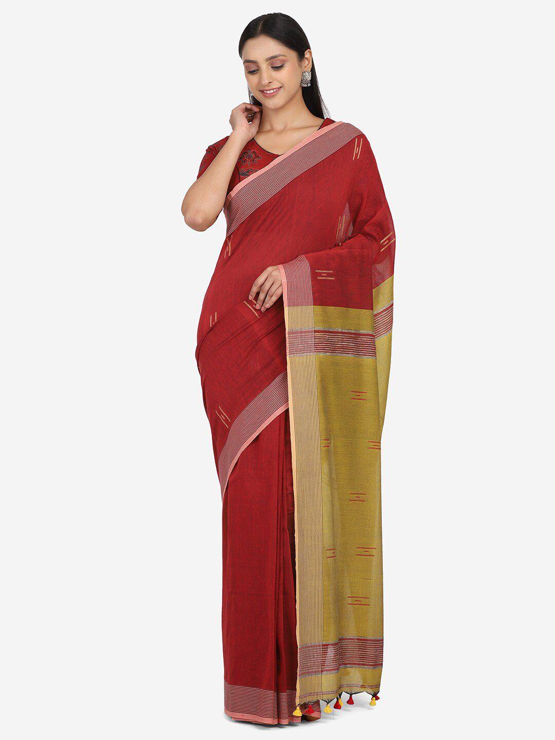 the weave traveller red & green woven design pure cotton saree