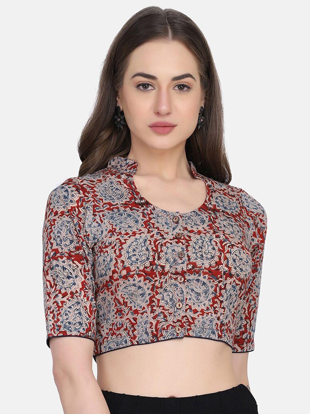 the weave traveller red kalamkari printed cotton saree blouse