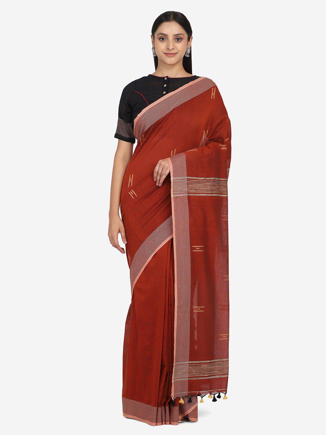 the weave traveller rust & off white woven design pure cotton saree