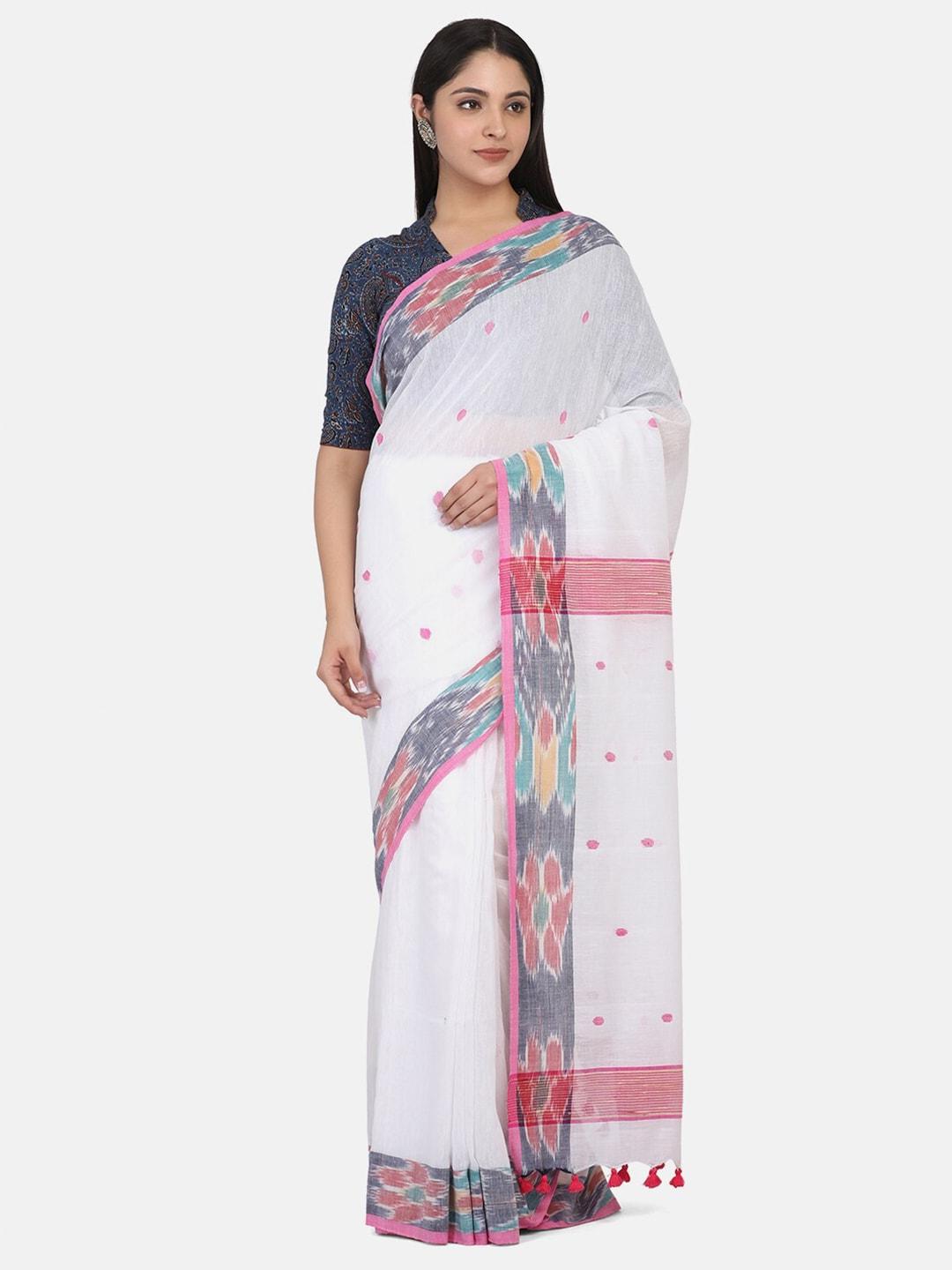 the weave traveller white & blue woven design pure cotton jamdani saree