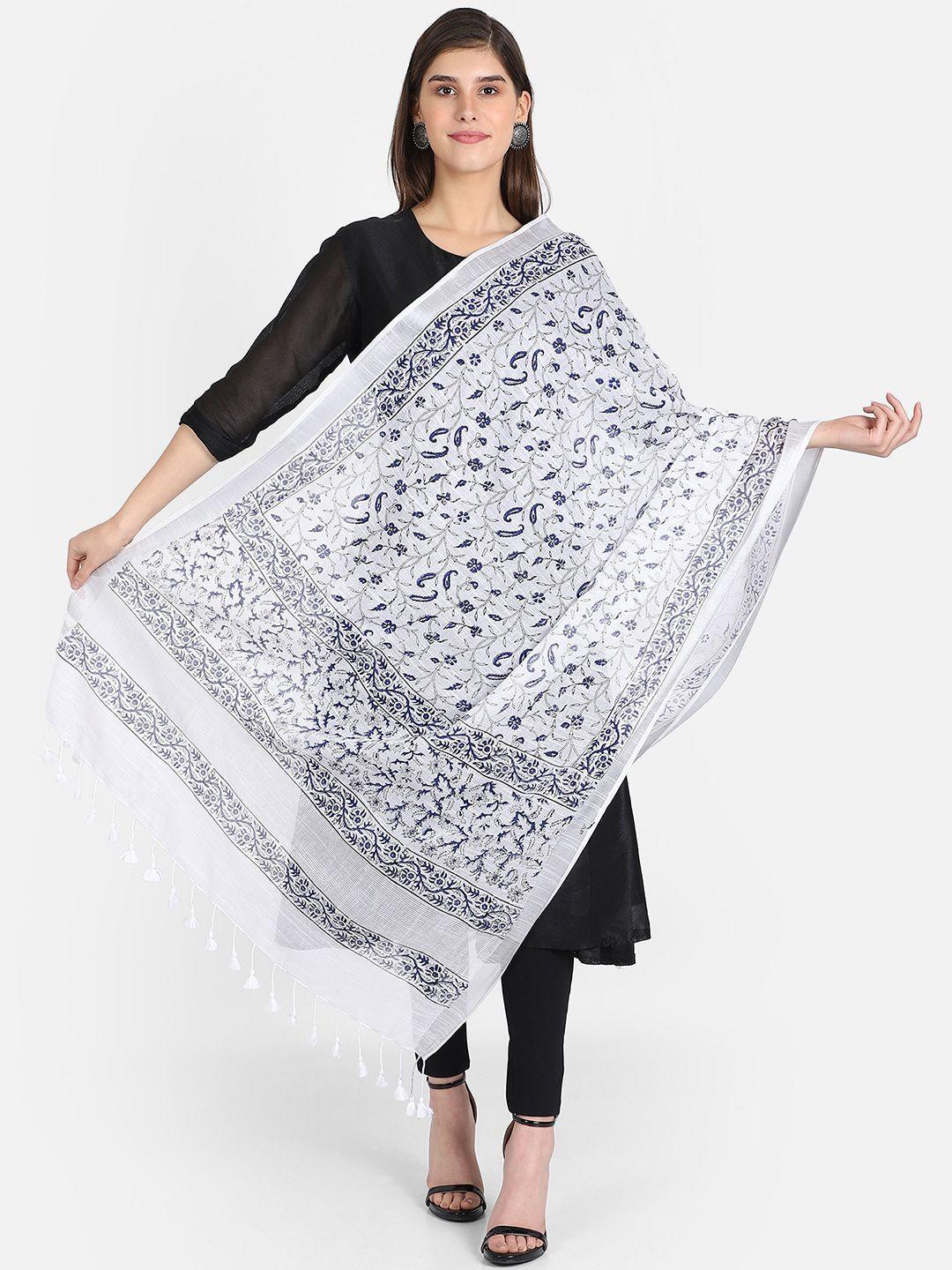 the weave traveller white & navy blue printed dupatta