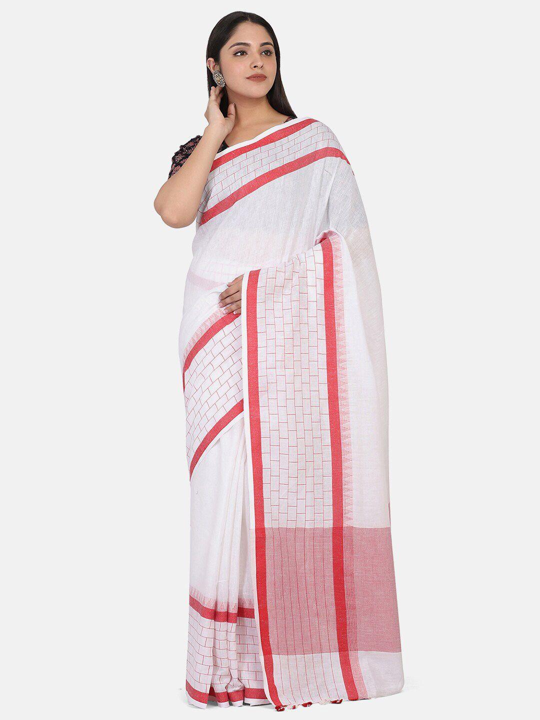 the weave traveller white & red cotton blend bhagalpuri saree