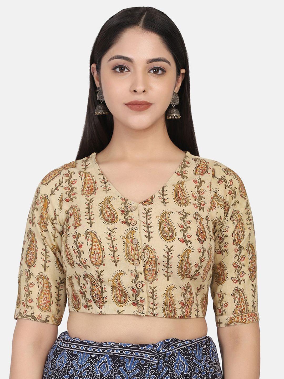 the weave traveller women beige & brown printed cotton saree blouse