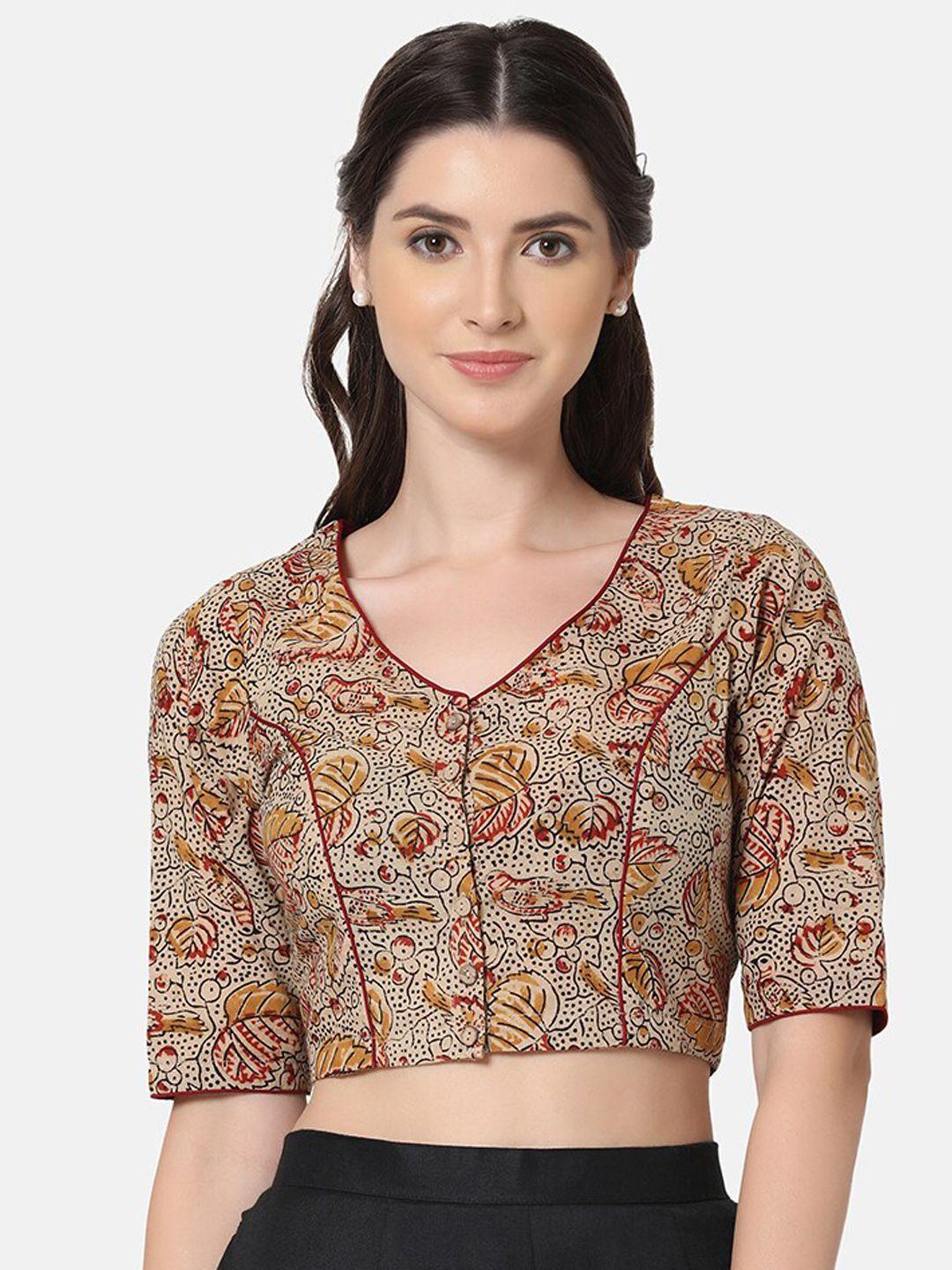 the weave traveller women beige block printed cotton saree blouse