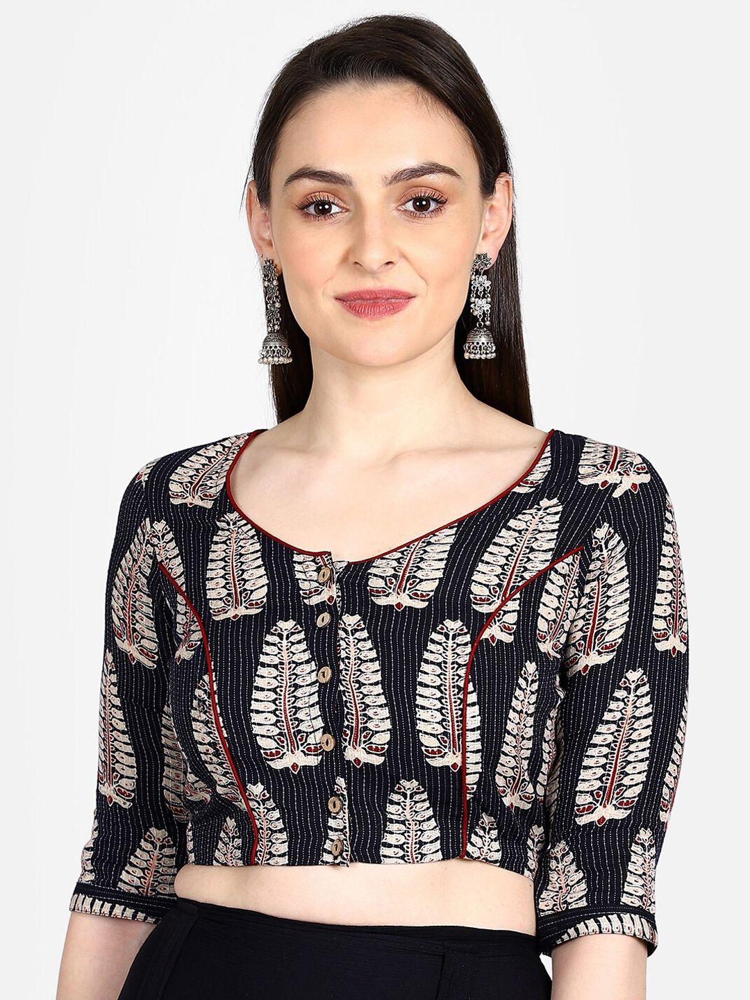 the weave traveller women black & beige ajrakh hand block printed sustainable saree blouse