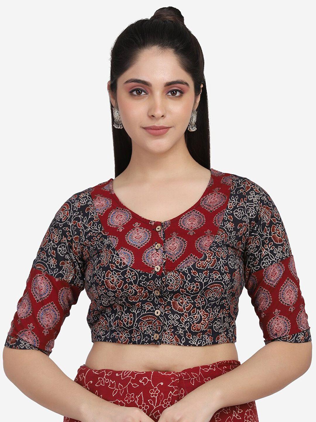 the weave traveller women black & maroon ajrakh hand block printed cotton saree blouse