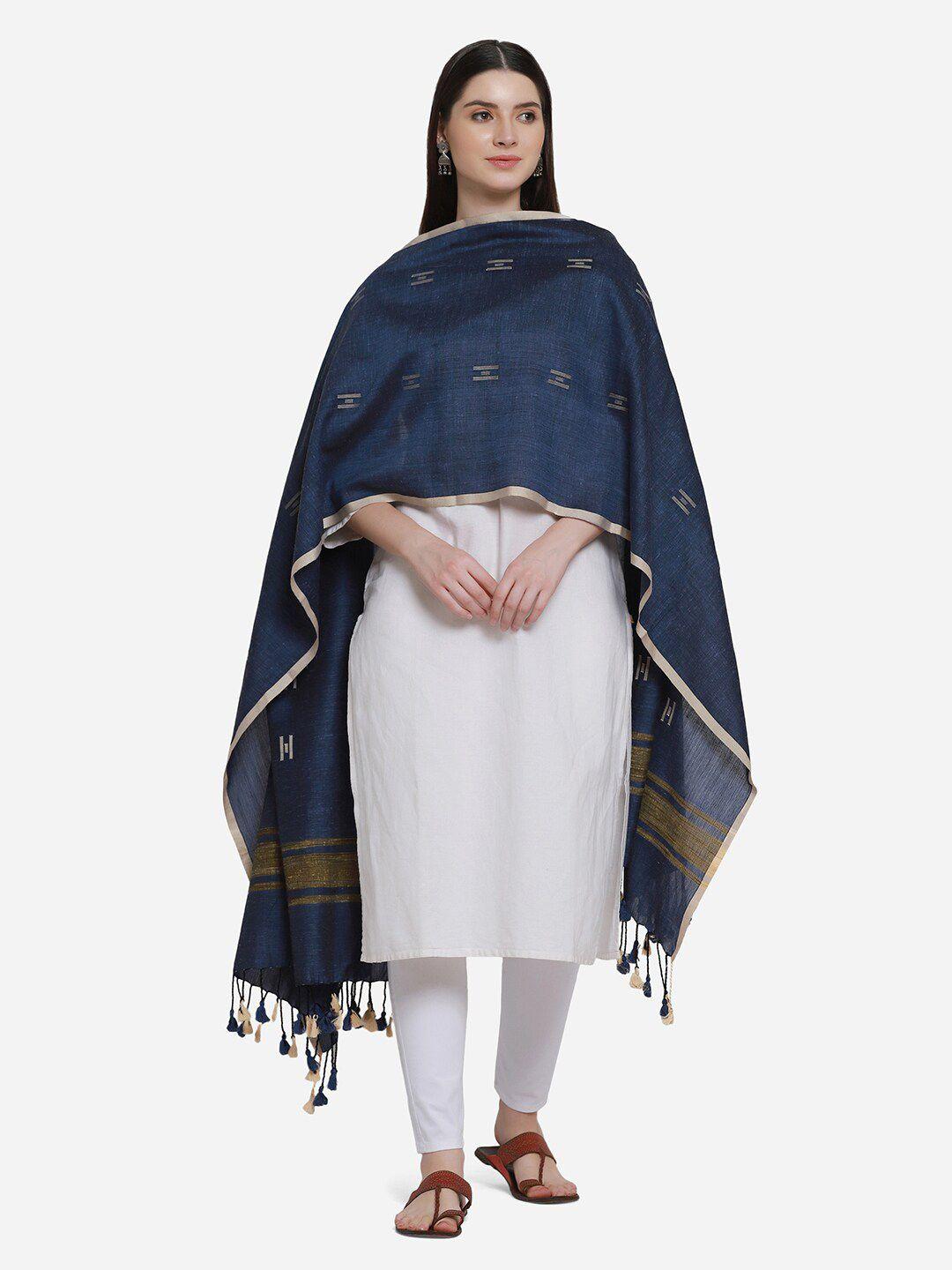 the weave traveller women blue & beige woven design pure cotton dupatta