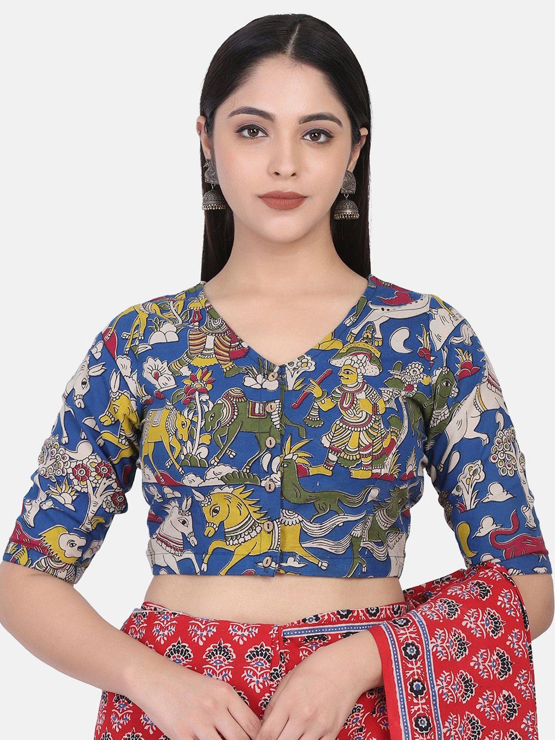 the weave traveller women blue & yellow kalamkari block printed cotton saree blouse