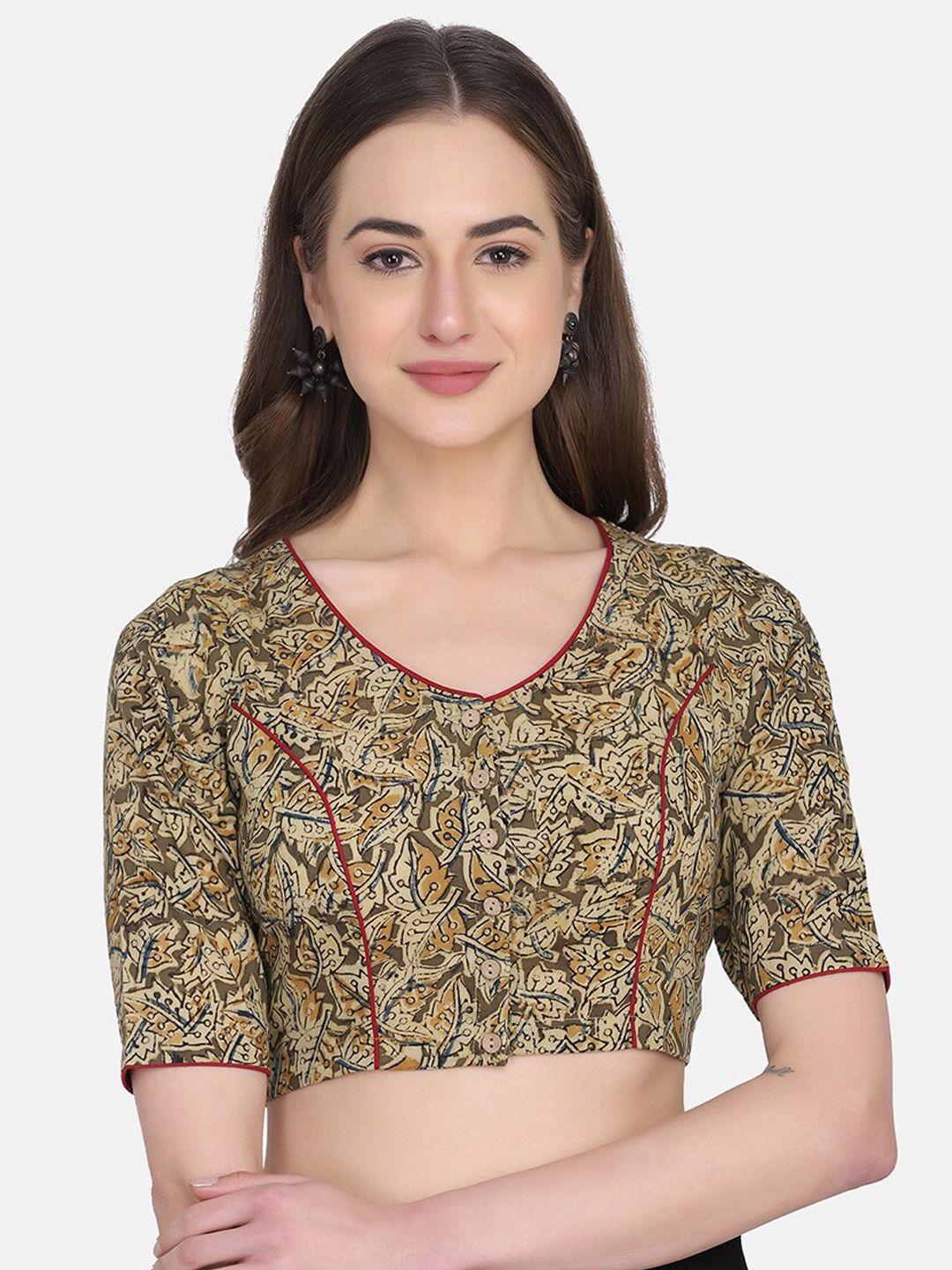 the weave traveller women brown kalamkari printed cotton non-padded readymade saree blouse