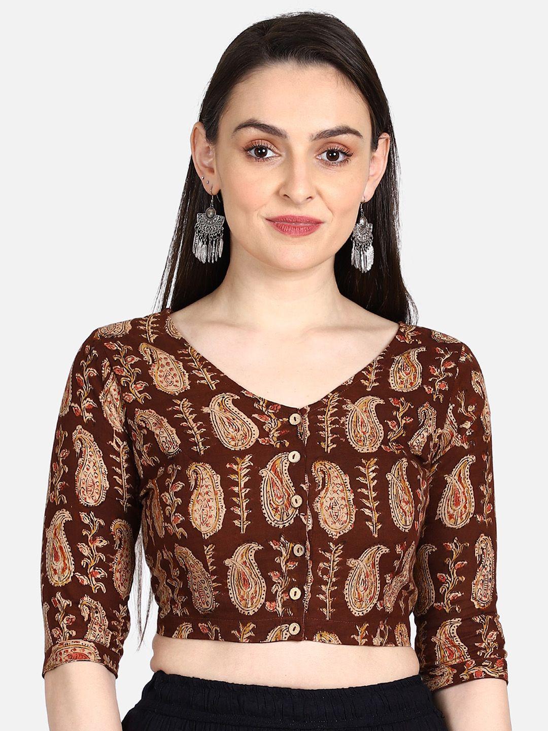 the weave traveller women maroon & beige kalamkari hand block printed saree cotton sustainable blouse