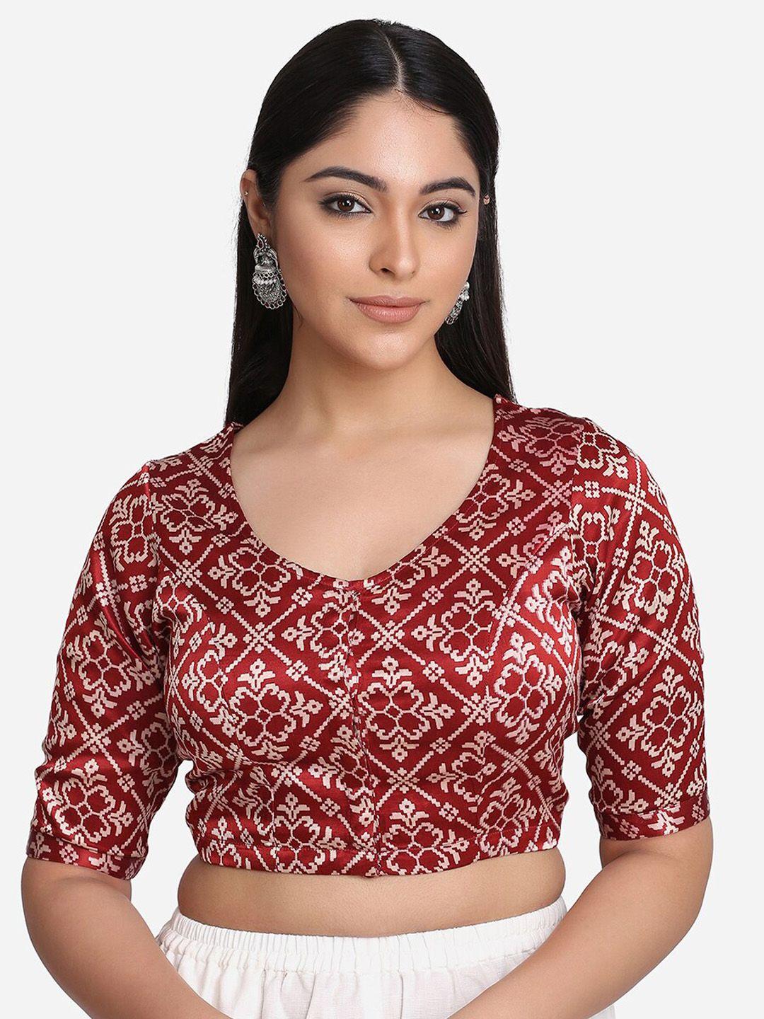 the weave traveller women maroon & white printed readymade cotton saree blouse