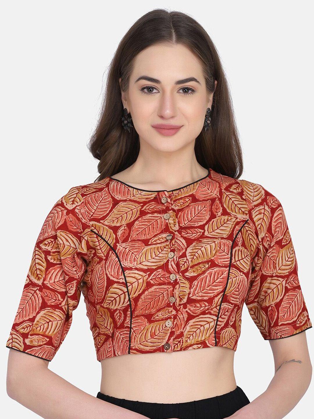 the weave traveller women red & beige kalamkari block printed non-padded readymade saree blouse