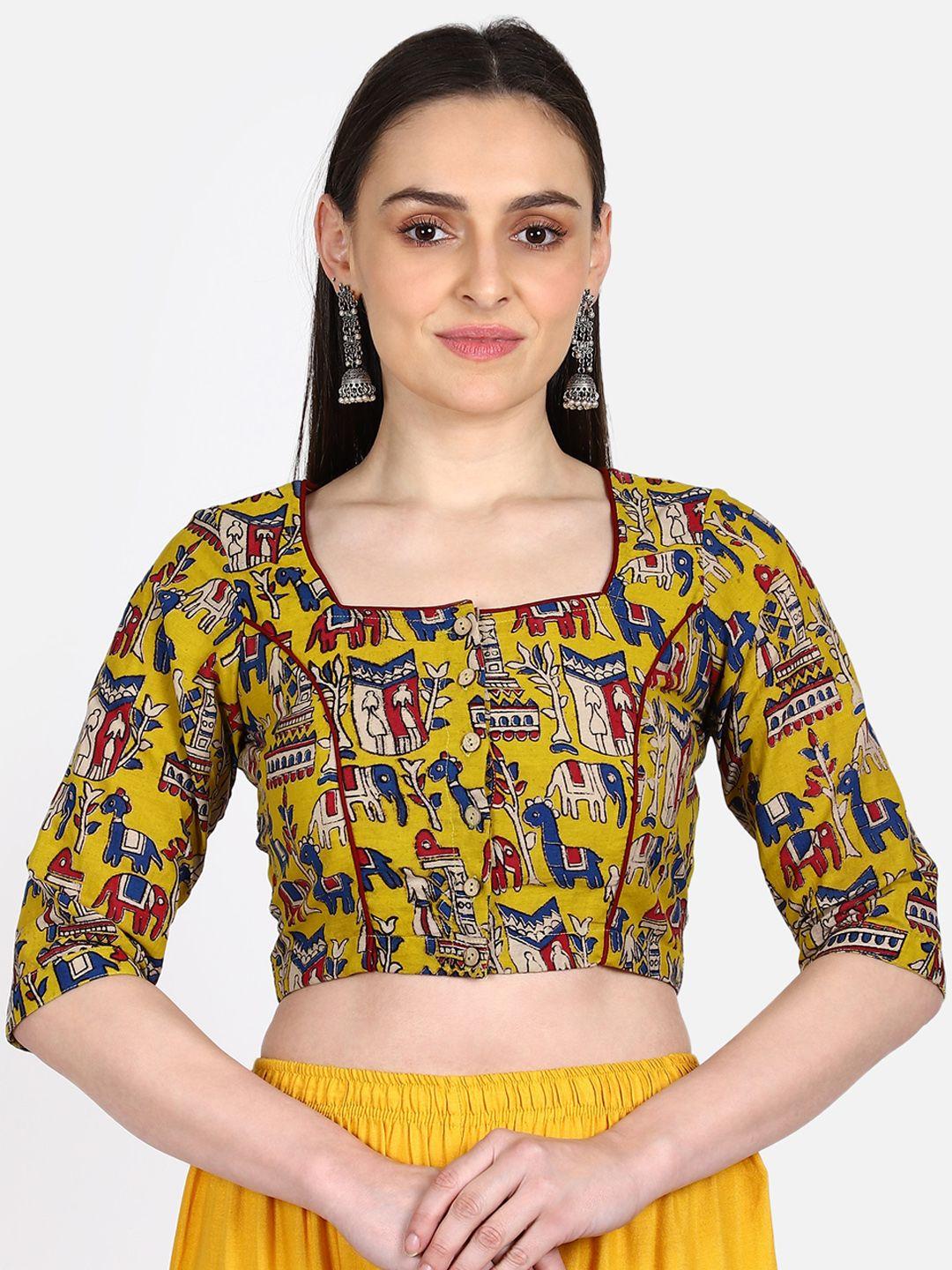 the weave traveller women yellow & red kalamkari hand block printed saree blouse