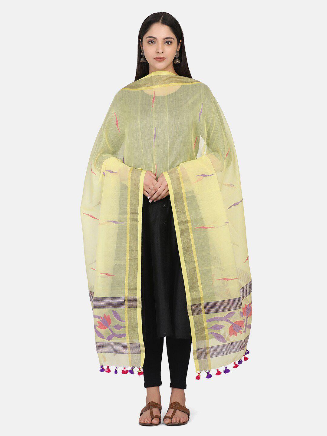 the weave traveller yellow & purple woven design cotton blend jamdani dupatta